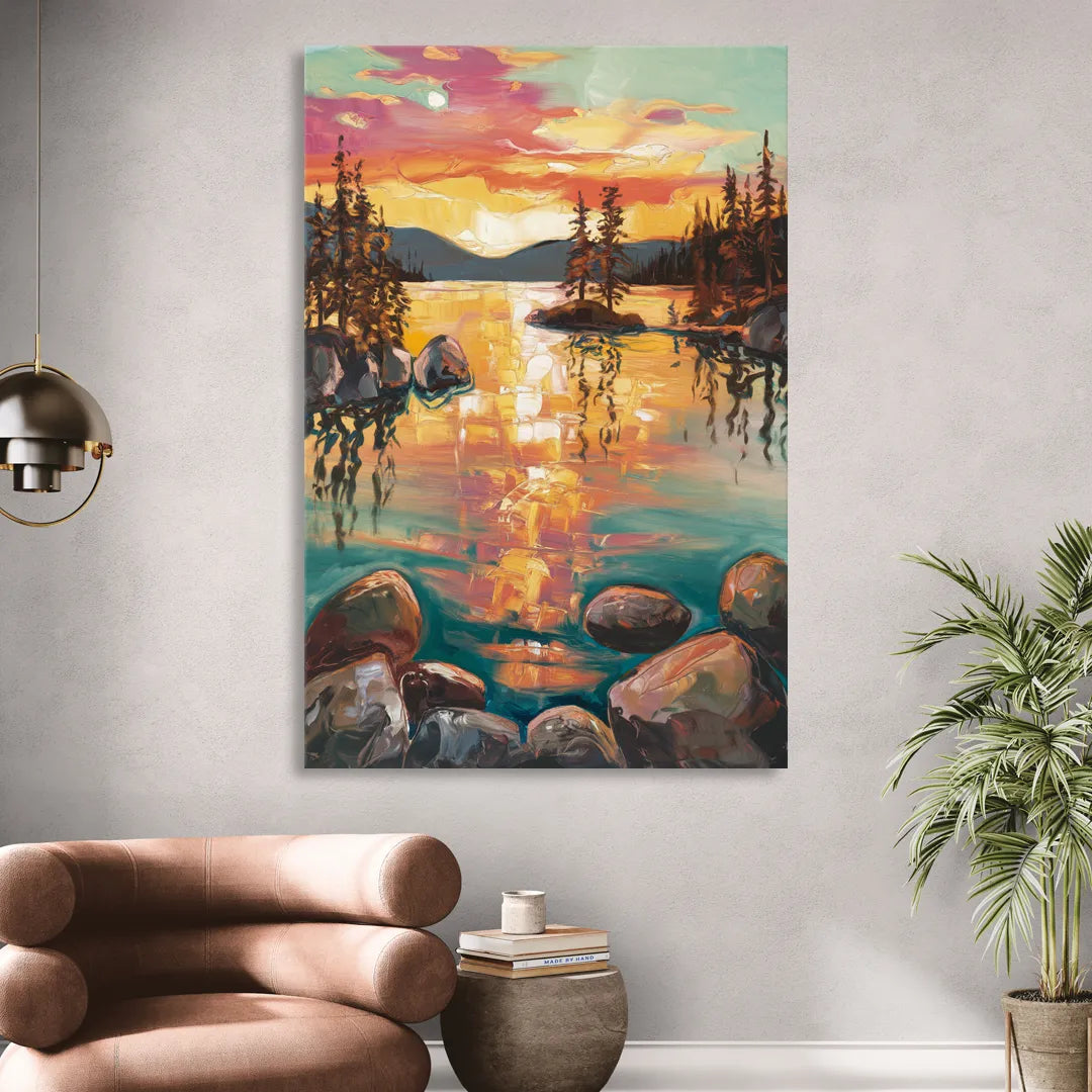 Lake Tahoe Sunset Reflections Living Room - Canvas Wall Art