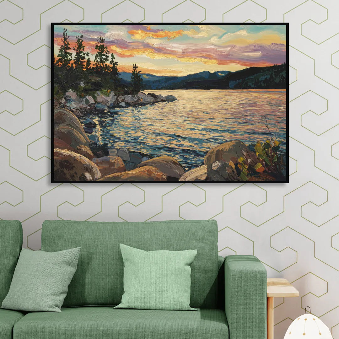 Lake Tahoe Sunset Reflections Serenity Sitting Room - Black Canvas Wall Art