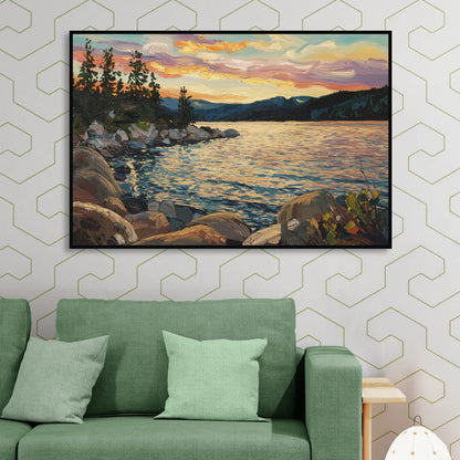 Lake Tahoe Sunset Reflections Serenity Sitting Room - Black Canvas Wall Art