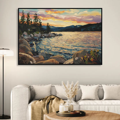 Lake Tahoe Sunset Reflections Serenity Living Room - Black Canvas Wall Art