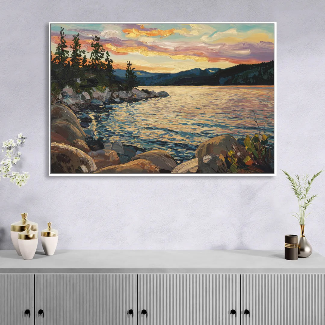 Lake Tahoe Sunset Reflections Serenity Living Room - White Canvas Wall Art