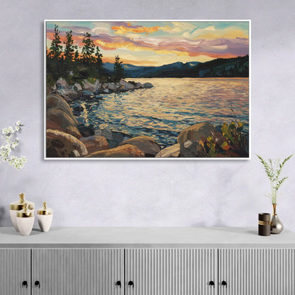 Lake Tahoe Sunset Reflections Serenity Living Room - White Canvas Wall Art