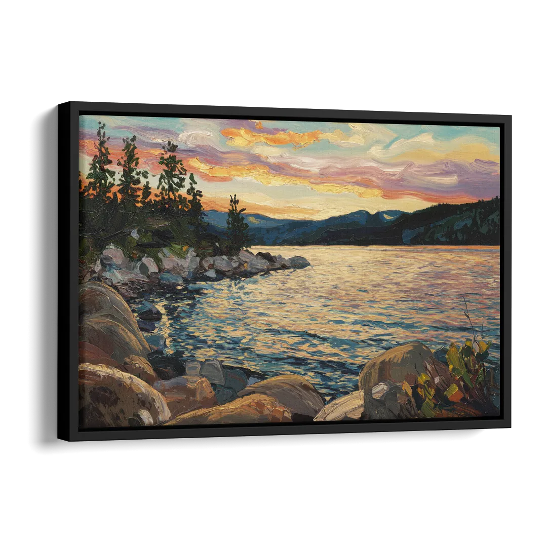 Lake Tahoe Sunset Reflections Serenity Side - Black Canvas Wall Art