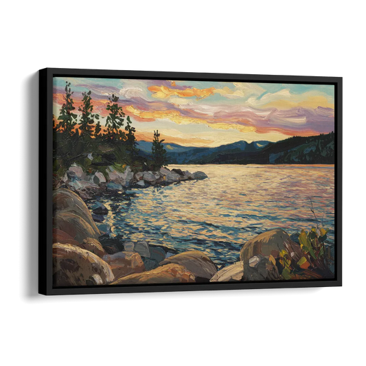 Lake Tahoe Sunset Reflections Serenity Side - Black Canvas Wall Art
