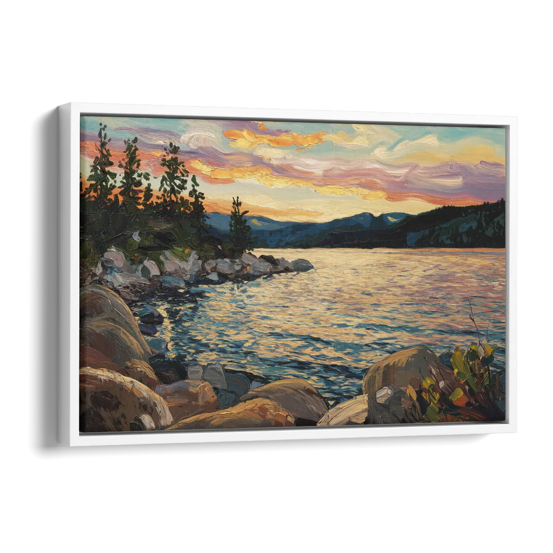 Lake Tahoe Sunset Reflections Serenity Side - White Canvas Wall Art