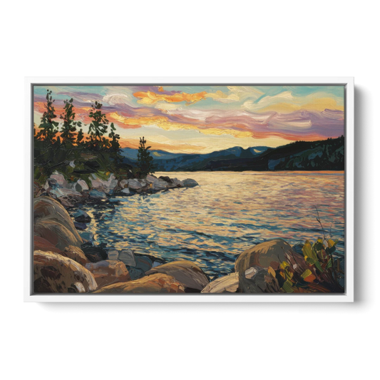 Lake Tahoe Sunset Reflections Serenity - White Framed Canvas Wall Art - Front