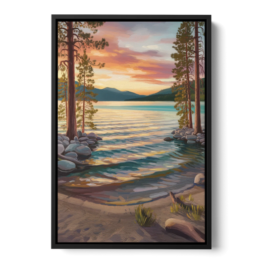 Lake Tahoe Tranquil Shoreline - Black Framed Canvas Wall Art - Front
