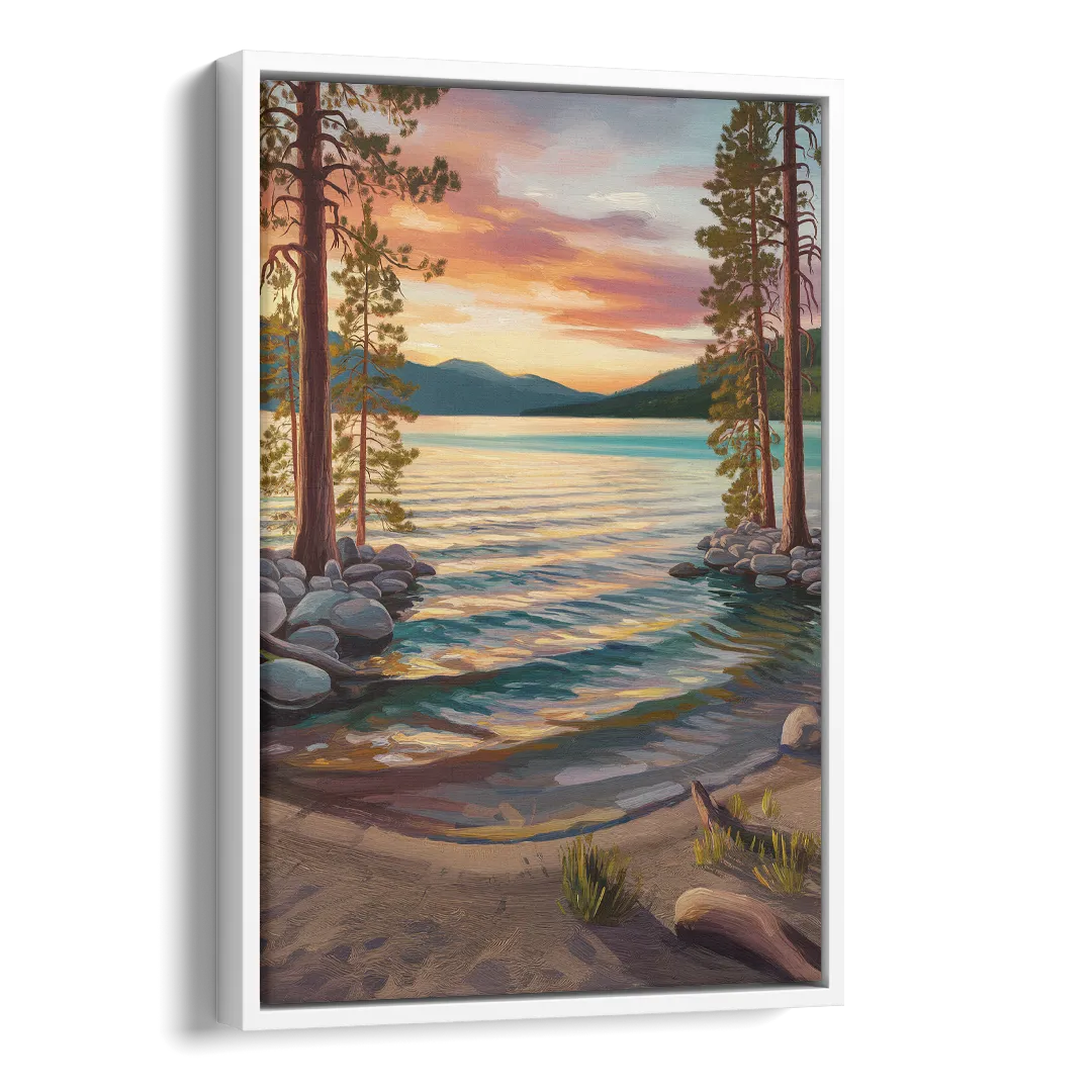 Lake Tahoe Tranquil Shoreline Side - White Canvas Wall Art