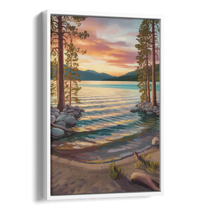 Lake Tahoe Tranquil Shoreline Side - White Canvas Wall Art