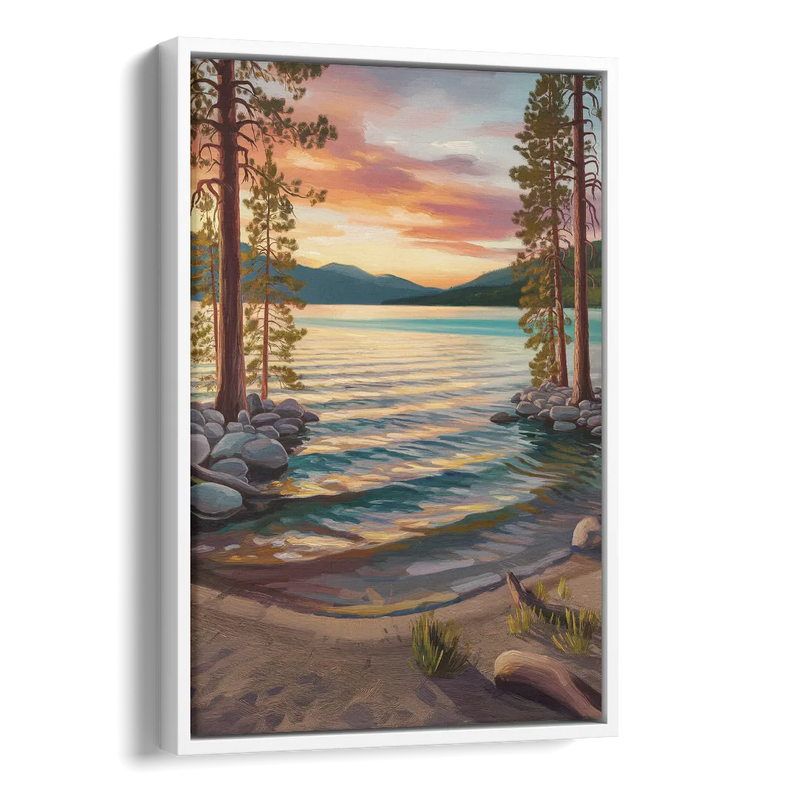 Lake Tahoe Tranquil Shoreline Side - White Canvas Wall Art