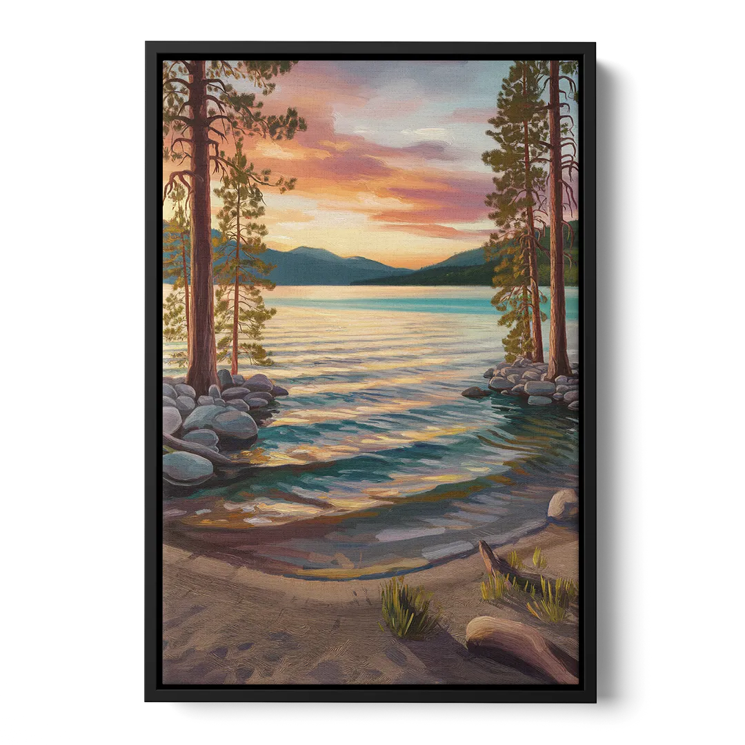 Lake Tahoe Tranquil Shoreline Front - Black Canvas Wall Art