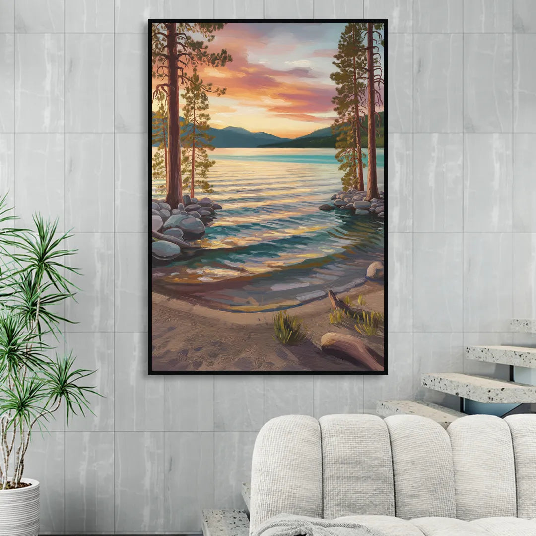 Lake Tahoe Tranquil Shoreline Living Room - Black Canvas Wall Art