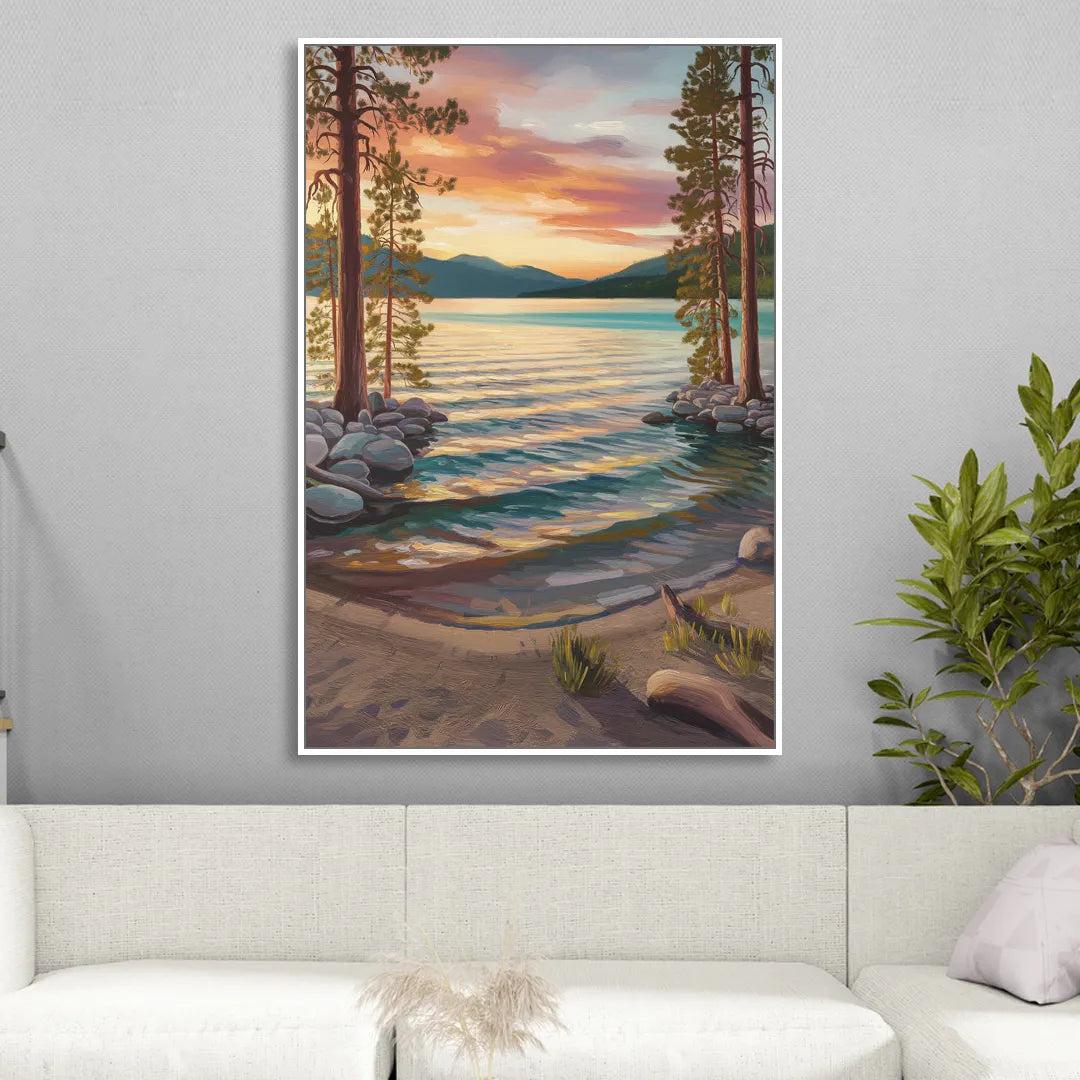 Lake Tahoe Tranquil Shoreline Living Room - White Canvas Wall Art
