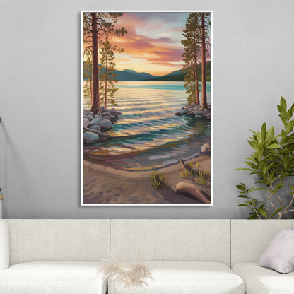 Lake Tahoe Tranquil Shoreline Living Room - White Canvas Wall Art