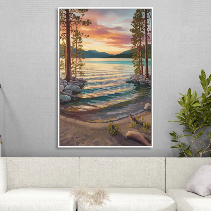 Lake Tahoe Tranquil Shoreline Living Room - White Canvas Wall Art