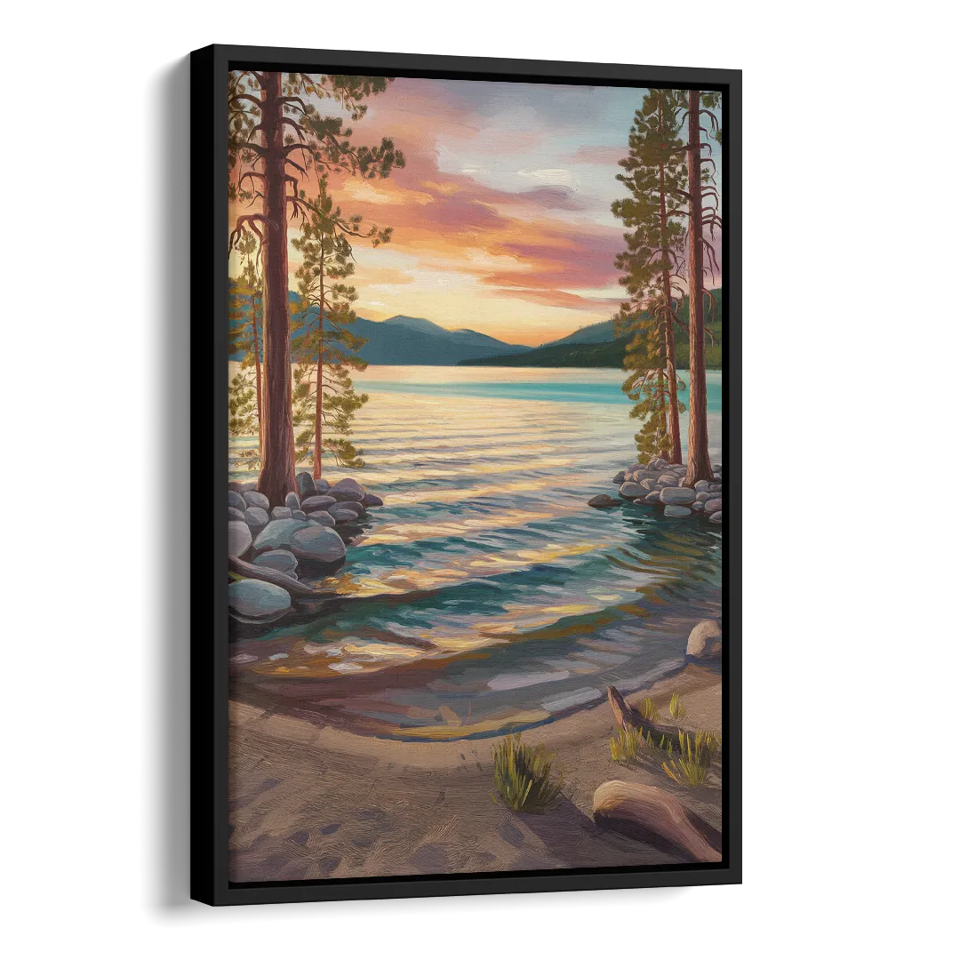 Lake Tahoe Tranquil Shoreline Side - Black Canvas Wall Art