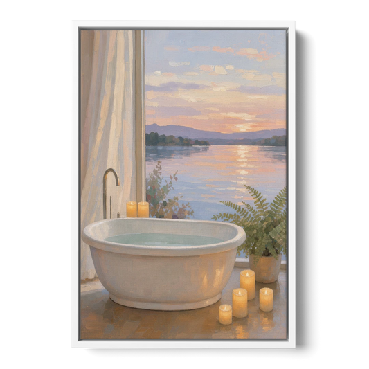 Lakeside Candlelit Soak for the Spa Bathroom - White Framed Canvas Wall Art - Front