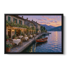 Lakeside Trattoria Under String Lights - Black Framed Canvas Wall Art - Front