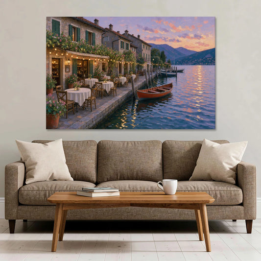 Lakeside Trattoria Under String Lights - Canvas Wall Art - Sofa - 60x40