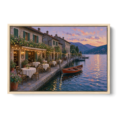Lakeside Trattoria Under String Lights - Oak Framed Canvas Wall Art - Front