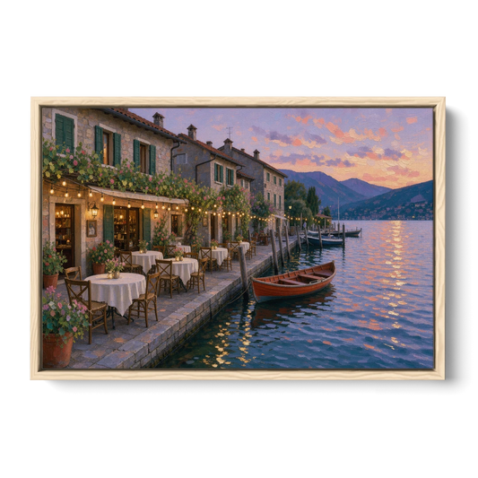 Lakeside Trattoria Under String Lights - Oak Framed Canvas Wall Art - Front