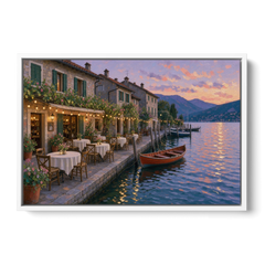 Lakeside Trattoria Under String Lights - White Framed Canvas Wall Art - Front