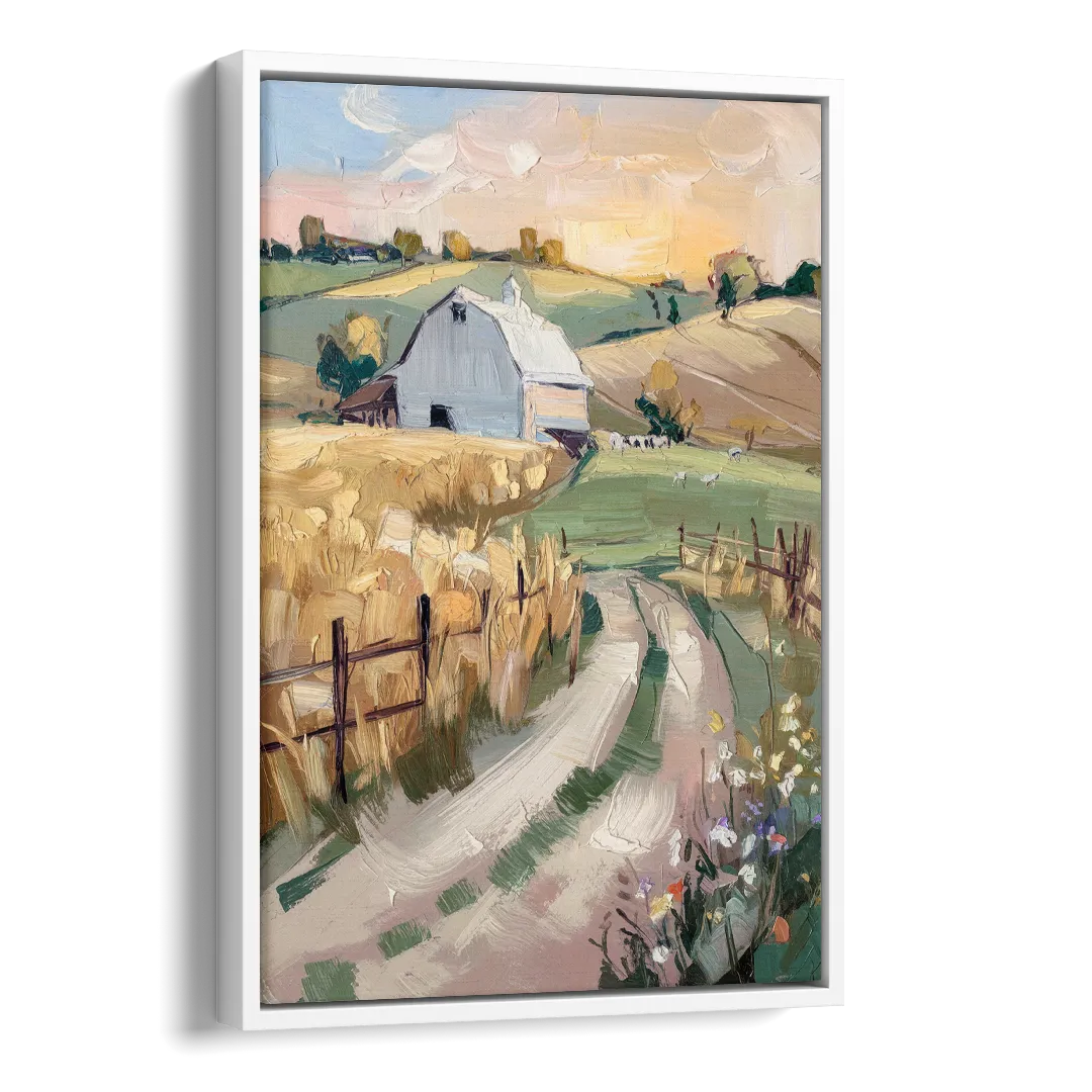 Lancaster Barns and Fields Side - White Canvas Wall Art