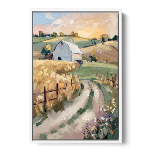Lancaster Barns and Fields - White Framed Canvas Wall Art - Front