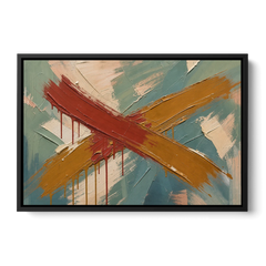 Large Abstract Crossed Red and Amber Bands - Black Framed Canvas Wall Art - Front