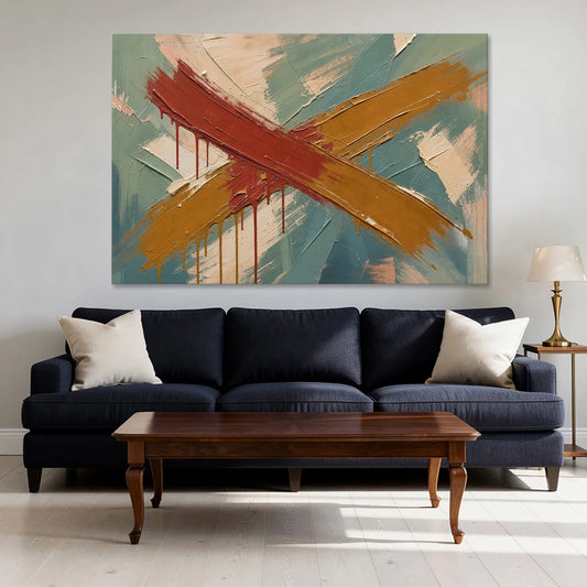 Large Abstract Crossed Red and Amber Bands - Canvas Wall Art - Sofa - 60x40