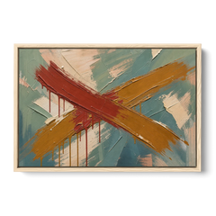 Large Abstract Crossed Red and Amber Bands - Oak Framed Canvas Wall Art - Front