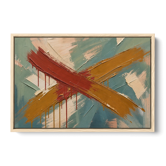 Large Abstract Crossed Red and Amber Bands - Oak Framed Canvas Wall Art - Front