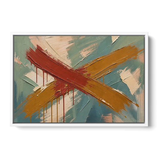 Large Abstract Crossed Red and Amber Bands - White Framed Canvas Wall Art - Front
