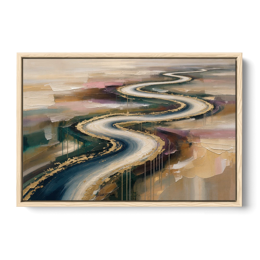 Large Abstract Gilded River Bend for the Living Room - Oak Framed Canvas Wall Art - Front
