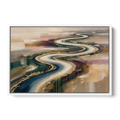 Large Abstract Gilded River Bend for the Living Room - White Framed Canvas Wall Art - Front