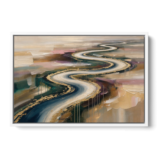 Large Abstract Gilded River Bend for the Living Room - White Framed Canvas Wall Art - Front