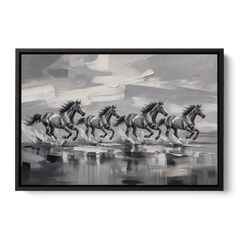 Large Black and White Scene of Four Galloping Horses - Black Framed Canvas Wall Art - Front