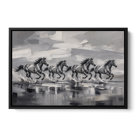 Large Black and White Scene of Four Galloping Horses - Black Framed Canvas Wall Art - Front