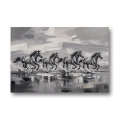 Large Black and White Scene of Four Galloping Horses - Canvas Wall Art - Front