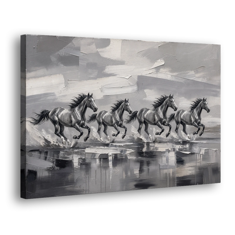 Large Black and White Scene of Four Galloping Horses - Canvas Wall Art - Side