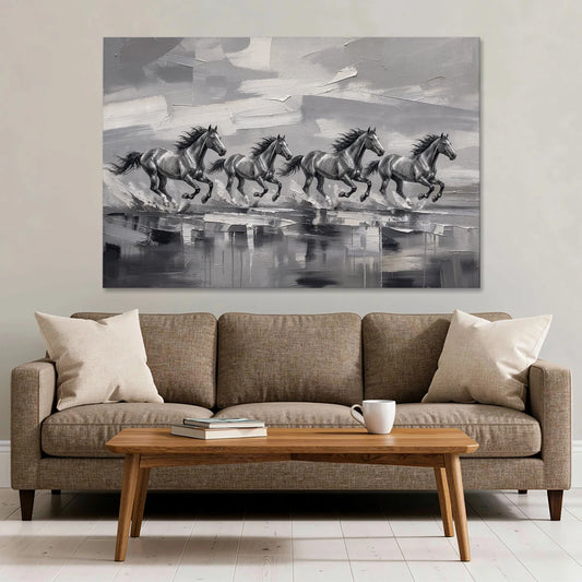Large Black and White Scene of Four Galloping Horses - Canvas Wall Art - Sofa - 60x40
