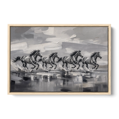 Large Black and White Scene of Four Galloping Horses - Oak Framed Canvas Wall Art - Front