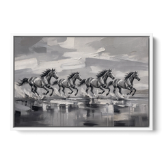 Large Black and White Scene of Four Galloping Horses - White Framed Canvas Wall Art - Front