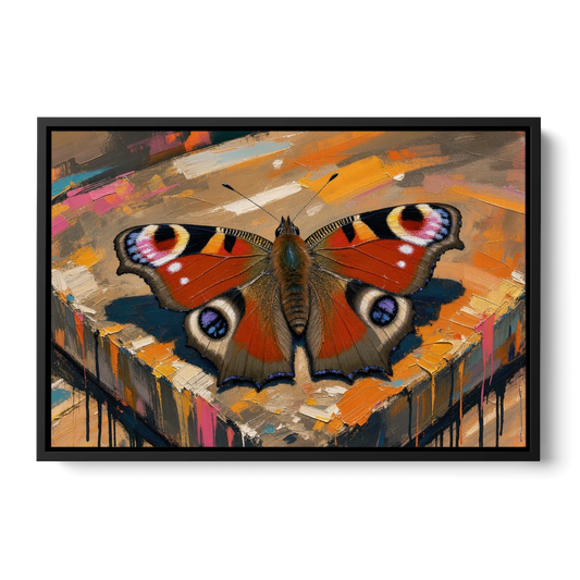 Large Butterfly Wall Art Peacock Basking on Stone - Black Framed Canvas Wall Art - Front
