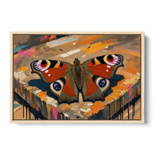 Large Butterfly Wall Art Peacock Basking on Stone - Oak Framed Canvas Wall Art - Front