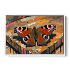 Large Butterfly Wall Art Peacock Basking on Stone - White Framed Canvas Wall Art - Front