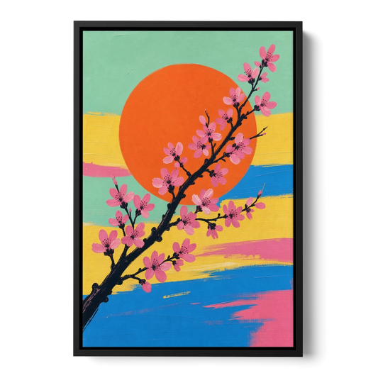 Large Cherry Blossom Canvas with Orange Sun - Black Framed Canvas Wall Art - Front