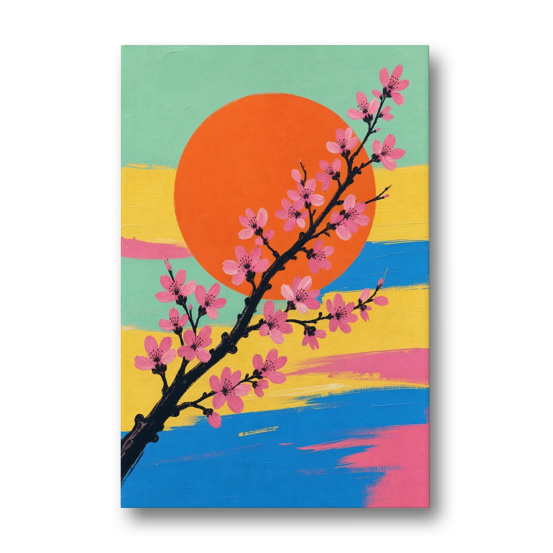 Large Cherry Blossom Canvas with Orange Sun - Canvas Wall Art - Front