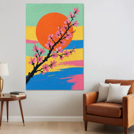 Large Cherry Blossom Canvas with Orange Sun - Canvas Wall Art - Sofa - 40x60