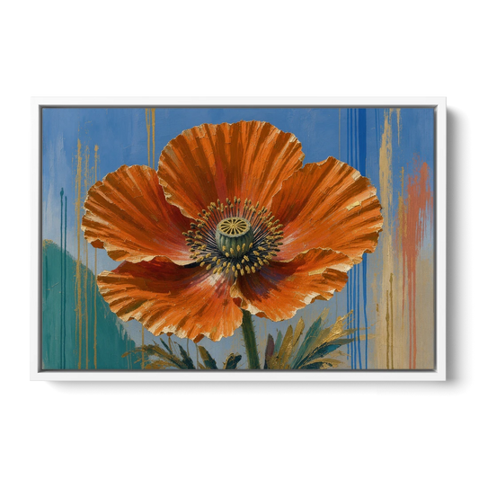Large Floral Canvas Wall Art of an Orange Poppy - White Framed Canvas Wall Art - Front